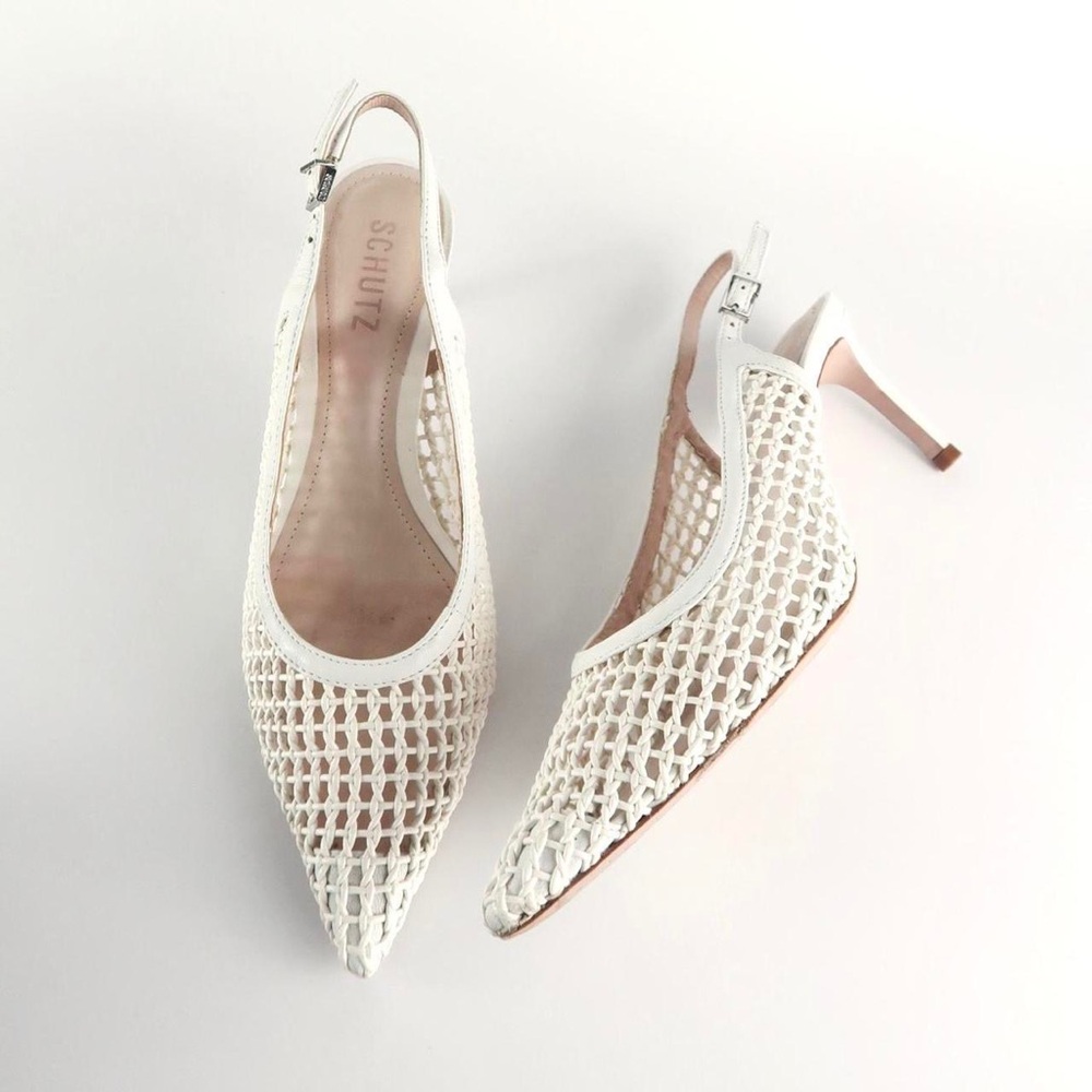 Schutz Mica leather mesh pointed toe slingback heels